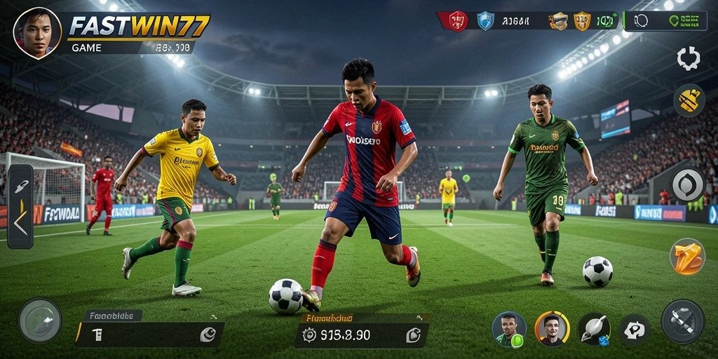 Screenshot utama FASTWIN77 menampilkan aksi seru di lapangan sepak bola.