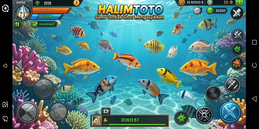 Screenshot gameplay HALIMTOTO yang menunjukkan aksi menembak ikan.