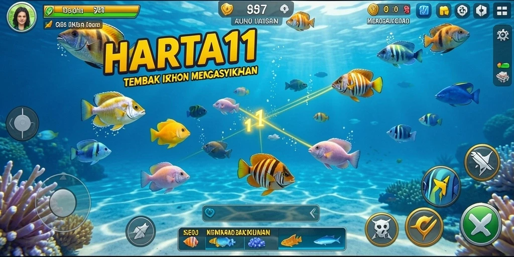 Tampilan gameplay seru HARTA11 saat menembak ikan.