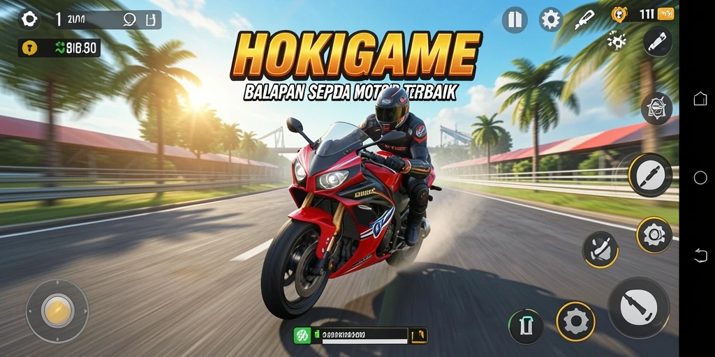 Screenshot gameplay HOKIGAME menampilkan aksi balapan mendebarkan.