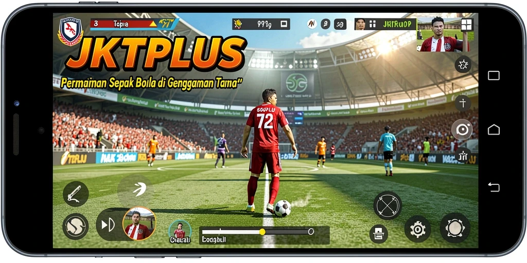 Tangkapan layar menunjukkan gameplay penuh aksi di lapangan sepak bola.