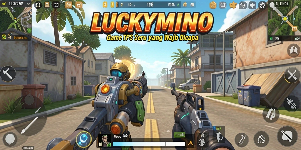 Screenshot gameplay LUCKYMINO menampilkan aksi tembak-menembak yang mendebarkan.