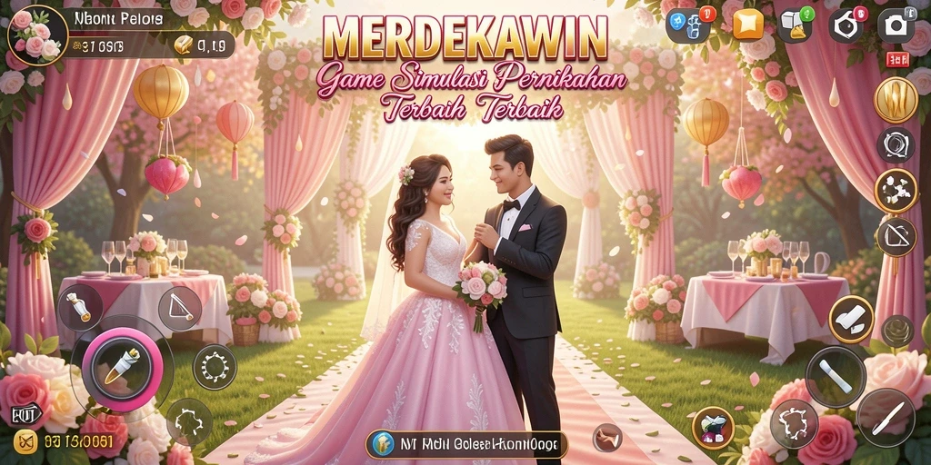 Screenshot dari gameplay MERDEKAWIN menampilkan pernikahan yang meriah.